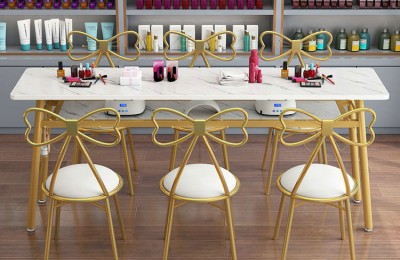 Gold Metal Salon Bar Nail Tables Manicure Reception Desk Chairs Lamps Beauty Cosmetic Workstation